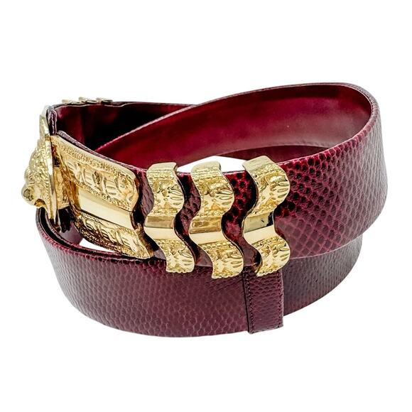 Judith Leiber vintage Lion's Head belt burgundy red leather & gold adjustable OS - Picture 5 of 10